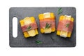 Polenta Bites with Prosciutto and Brie or Camembert Cheese, Polenta Appetizer, Delicious Snack on White Background