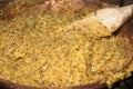 Polenta cooking in the traditional cauldron. Authentic Italian recipe.