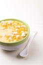 Polenta with feta. Corn porridge. Italian appetizers. Wooden background.