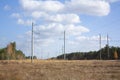 Poles with electric wires stand in the forest under a clear autumn sky. Power lines and communications