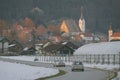 POLHOV GRADEC, SLOVENIA, 10.2.2023: Vintage BMW and Skoda are driving on snowy public road as part of a winter oldtimer rally,