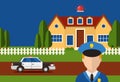 Police action security house system burglar alarm, vectore illustration. Automataion contact with control servise for Royalty Free Stock Photo