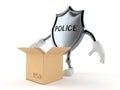 Police badge character with open cardboard box
