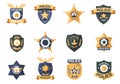 Police badge. Policeman officer sheriff emblems with star and shield, security protection insignia flat style. Vector Royalty Free Stock Photo