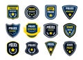 Police badge. Security department shield symbols. Federal government authority banners set. Sheriff signs with yellow stars and