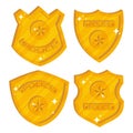 Police badges in a flat style. Golden shields of various shapes