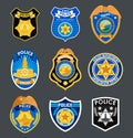 Police badges set vector. Sheriff, marshal label illustrations. Law enforcement emblems for national days. Ranger, policeman Royalty Free Stock Photo