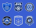 Police badges set vector. Sheriff, marshal label illustrations. Law enforcement emblems for national days. Ranger, policeman