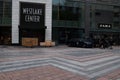 Police on bicycles and sheets of plywood in front of westlake center preparing for events on May 30 2020