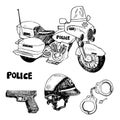 Police bike, Glock 22, motorcycle helmet, Handcuffs and key, hand drawn doodle sketch,