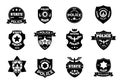 Police black symbol. Cop badge with shield and sheriff star, law enforcement officer patch insignia. Vector federal