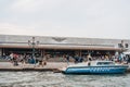 Police boat on Grand Canal outside Santa Lucia train station in Venice, Italy, view from water Royalty Free Stock Photo