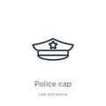 Police cap icon. Thin linear police cap outline icon isolated on white background from law and justice collection. Line vector Royalty Free Stock Photo