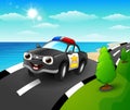 Police car cartoon in the seaside road Royalty Free Stock Photo