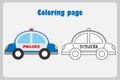 Police car in cartoon style, coloring page, education paper game for the development of children, kids preschool activity,