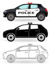 Police car colored, black silhouette, outline isolated on a white background. Patrol vehicle in three differen styles.