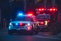 Police Car and Emergency truck with Blue and red lights. Medical Rescue resuscitation help. Investigation Crime, murder, theft, po Royalty Free Stock Photo