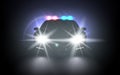 Police car with flashing light realistic composition night urban scenery stylish automobile silhouette with headlights