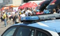 police car with flashing lights on it during the escort and demo Royalty Free Stock Photo