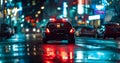 police car with flashing lights at night in city street Royalty Free Stock Photo