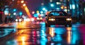 police car with flashing lights at night in city street Royalty Free Stock Photo