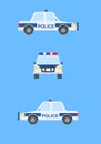 Police car in flat style. Front view and side view, isolated on blue background Royalty Free Stock Photo