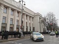 A police car guards public safety near the building of the Verkhovna Rada of Ukraine