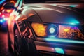 Police car headlight at night with flashing light. Police security patrolcar in the dark with a siren. Generative AI