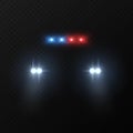 Police car headlights. Patrol police car with flashing light and headlights in dark, automobile silhouette with light