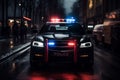 a police car with its lights on patrolling and driving on a night road. Generative ai Royalty Free Stock Photo