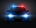 Police car light siren in night front view. Patrol cop emergency police car silhouette with flasher Royalty Free Stock Photo