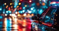 police car lights at night in city street with selective focus and bokeh Royalty Free Stock Photo