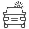 Police car line icon. Cop automobile with rooftop flashing lights symbol, outline style pictogram on white background