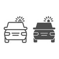 Police car line and solid icon. Cop automobile with rooftop flashing lights symbol, outline style pictogram on white