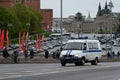 A police car moves along the Bolshoy Moskvoretsky bridge in Moscow