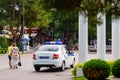 Police car patrol in the park near the beach black sea, Russia, Gelendzhik, 15.10.2020