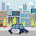 Police car and police patrol on a road in city with urban background cartoon vector illlustration. Police auto car with Royalty Free Stock Photo