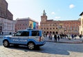 Police car in Piazza Maggiore at the historic old town of Bologna - Emilia-Romagna - Italy Royalty Free Stock Photo