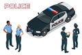 Police car - policeman - policewoman. Flat 3d isometric high quality city service transport. Isometric police car.