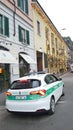 Police car - polizia locale in Milano - green and white vehicle Royalty Free Stock Photo