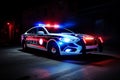 Police car with red and blue emergency lights flashing, illuminating the surrounding area. Generative AI Royalty Free Stock Photo