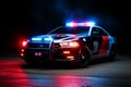 Police car with red and blue emergency lights flashing, illuminating the surrounding area. Generative AI Royalty Free Stock Photo