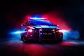 Police car with red and blue emergency lights flashing, illuminating the surrounding area. Generative AI Royalty Free Stock Photo