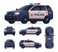 Police car set. Patrol official vehicle, cop automobile chase and pursuit criminals. View front, rear, side, top. Royalty Free Stock Photo