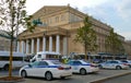 Police car in the streets of Moscow Bolshoi Theater