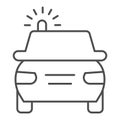 Police car thin line icon. Cop automobile with rooftop flashing lights symbol, outline style pictogram on white