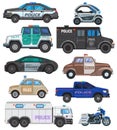 Police car vector policy vehicle and motorbike or motorcycle of policeman illustration set of police-officers transport Royalty Free Stock Photo