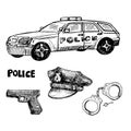 Police car, vintage US American police officer 8 point visor hat, Glock 22, Handcuffs and key, gravure style ink drawing