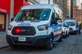 The police cars in row. Peaceful protest demonstration against police brutality at Union Square, Manhattan.