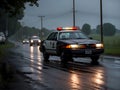 police cars with sirens on and lights flashing in chase on country road